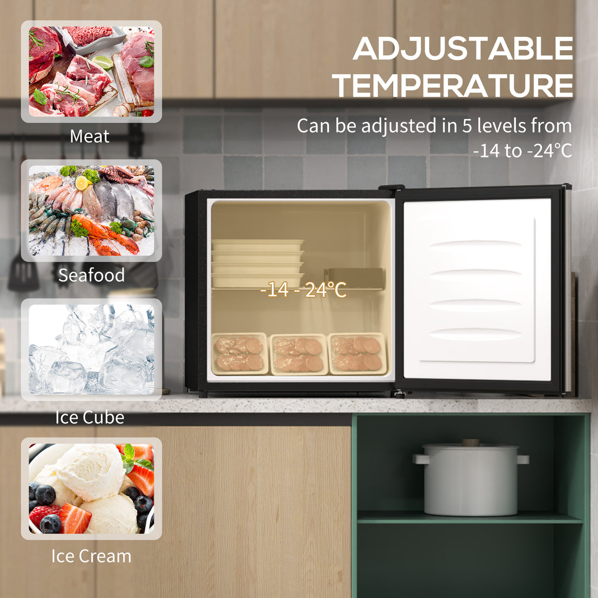 HOMCOM 35L Tabletop Freezer with Adjustable Temperature, Wire Shelf & Reversible Door – Compact, Silver