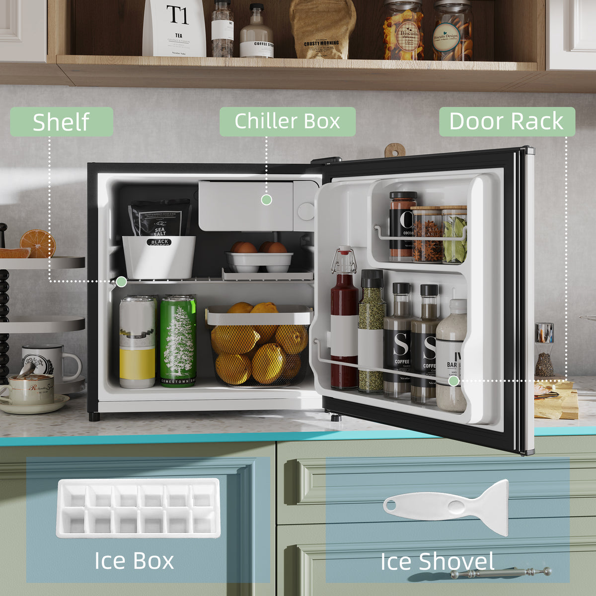 HOMCOM 46L Countertop Mini Fridge with Chiller Box & Reversible Door – Bedroom, Office, Silver