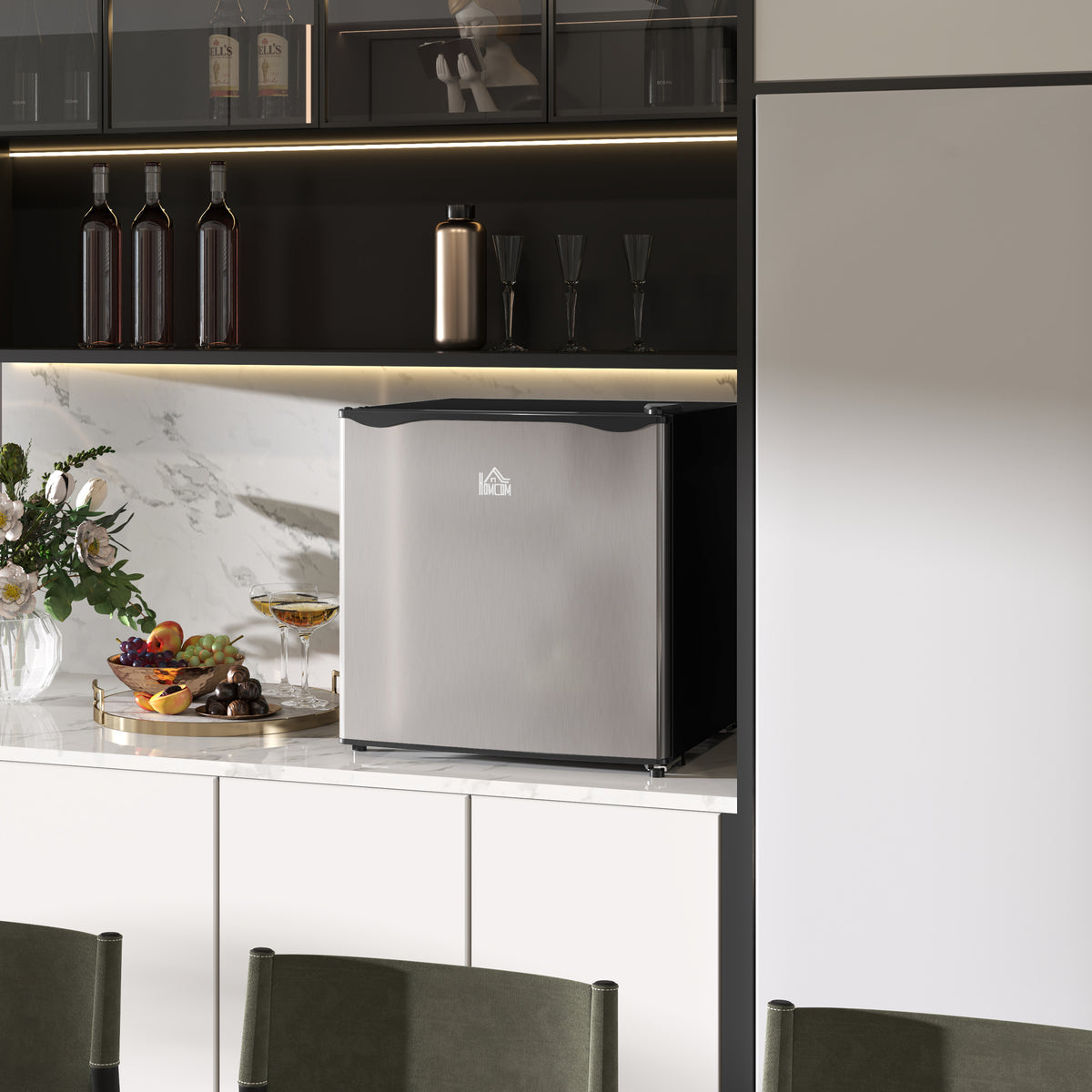 HOMCOM 46L Countertop Mini Fridge with Chiller Box & Reversible Door – Bedroom, Office, Silver