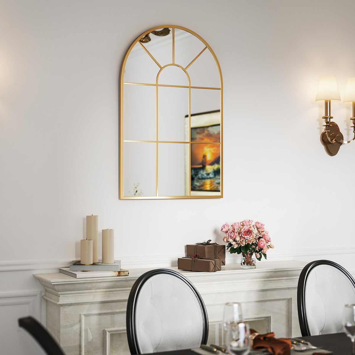 HOMCOM Modern Arched Window Wall Mirror for Bedroom, 91x60cm, Gold Tone