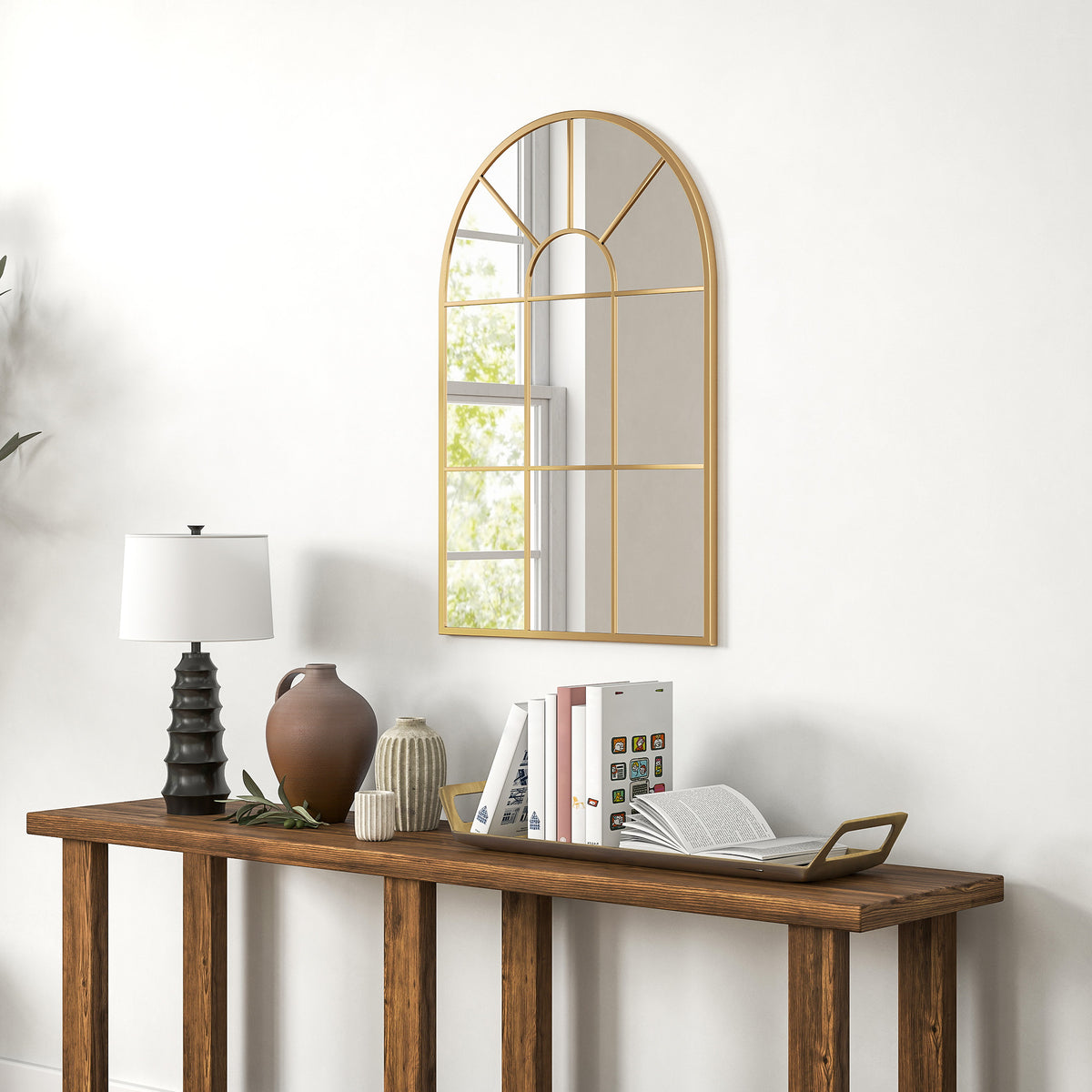 HOMCOM Modern Arched Window Wall Mirror for Bedroom, 91x60cm, Gold Tone