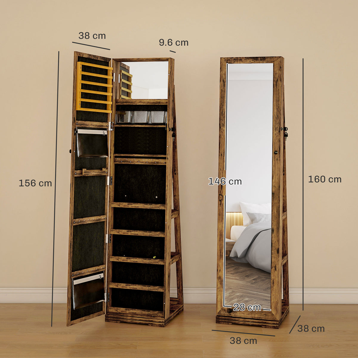 HOMCOM Lockable Swivel Jewellery Cabinet with Full-Length Mirror – 360° Bedroom Storage