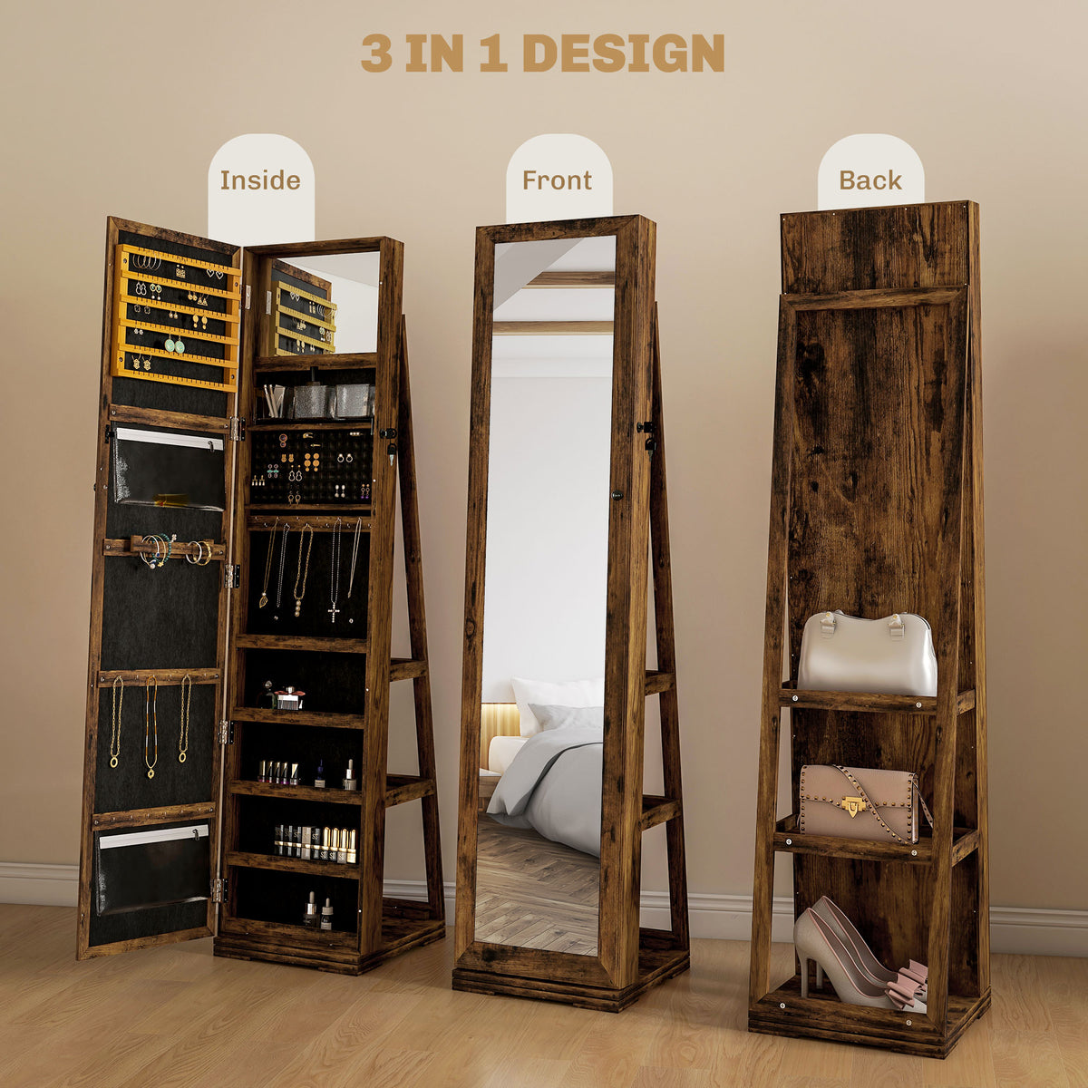 HOMCOM Lockable Swivel Jewellery Cabinet with Full-Length Mirror – 360° Bedroom Storage