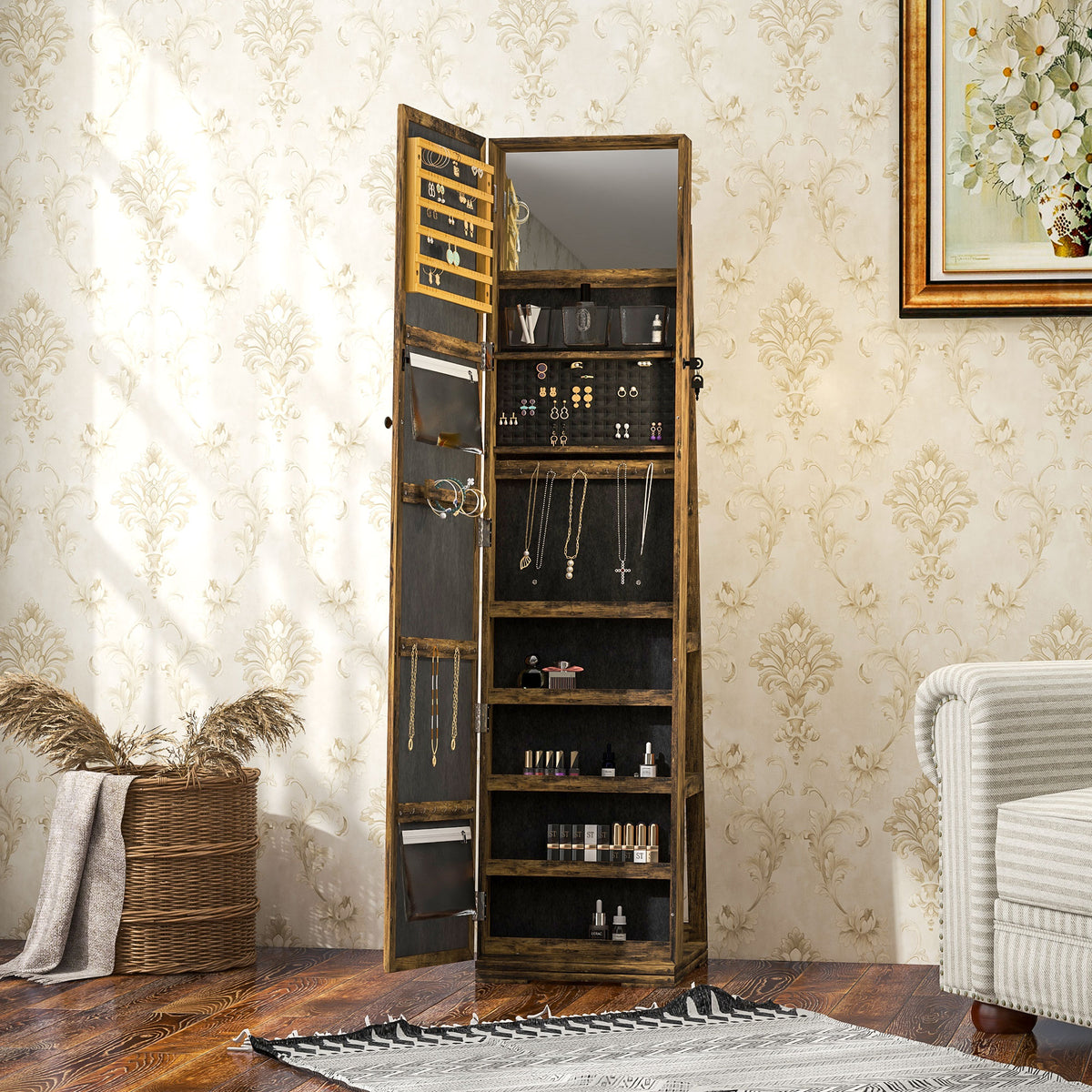 HOMCOM Lockable Swivel Jewellery Cabinet with Full-Length Mirror – 360° Bedroom Storage