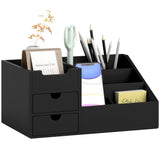 HOMCOM Bamboo Desk Organiser with 2 Drawers and 7 Compartments – Office Supplies Storage Caddy, Black