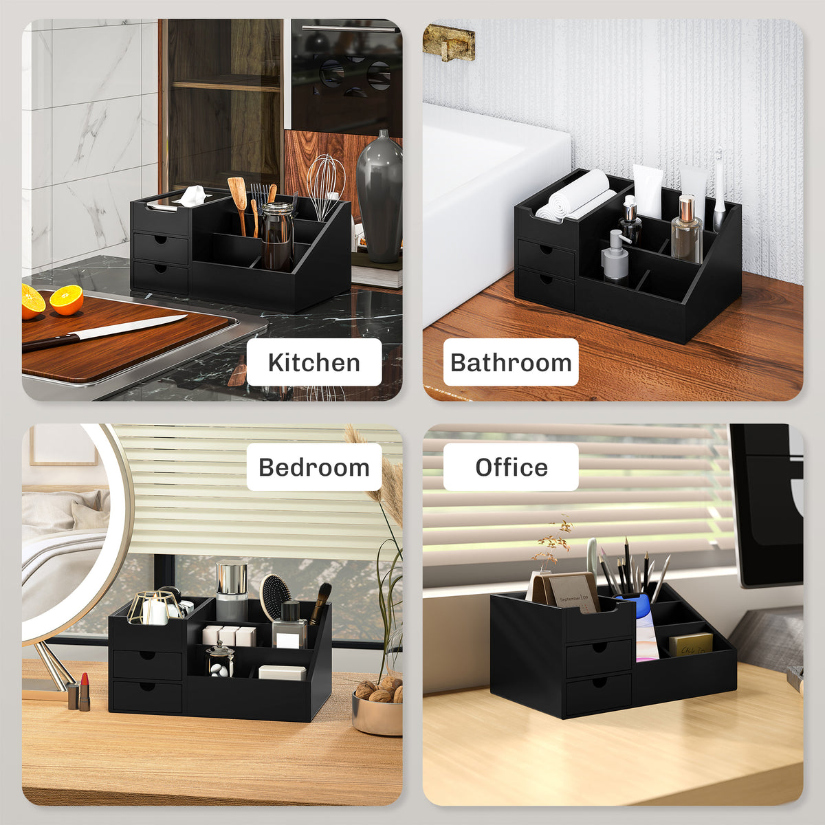 HOMCOM Bamboo Desk Organiser with 2 Drawers and 7 Compartments – Office Supplies Storage Caddy, Black