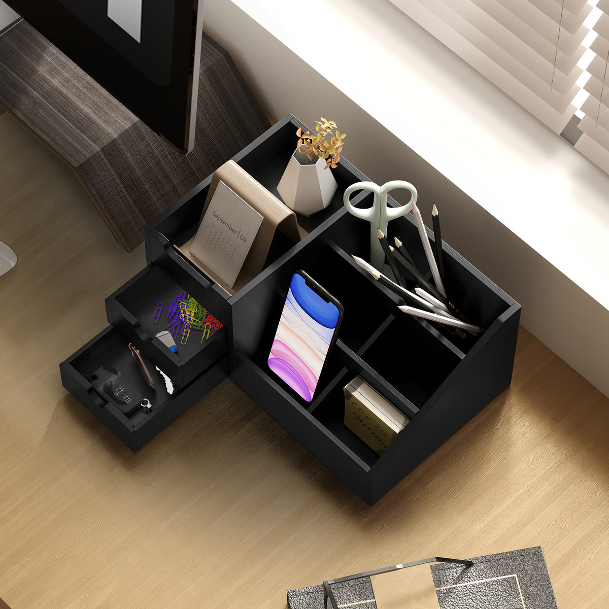 HOMCOM Bamboo Desk Organiser with 2 Drawers and 7 Compartments – Office Supplies Storage Caddy, Black
