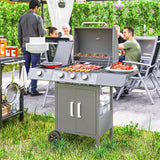 Outsunny 3+1 Burner Gas BBQ Grill with Side Burner & Warming Rack – Patio Barbecue with Cabinet, Grey