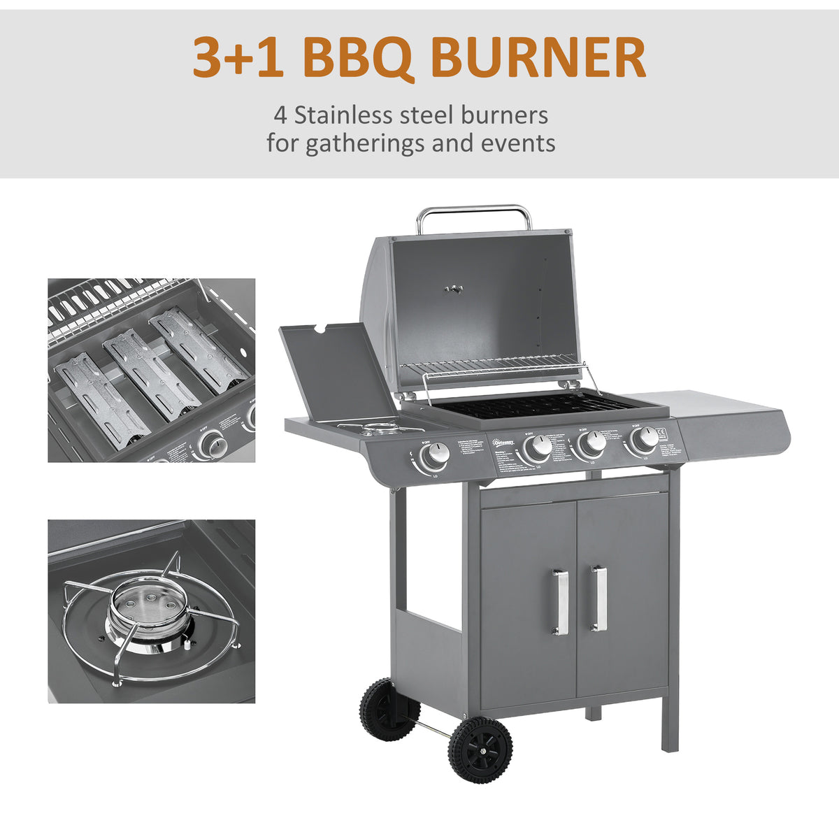Outsunny 3+1 Burner Gas BBQ Grill with Side Burner & Warming Rack – Patio Barbecue with Cabinet, Grey