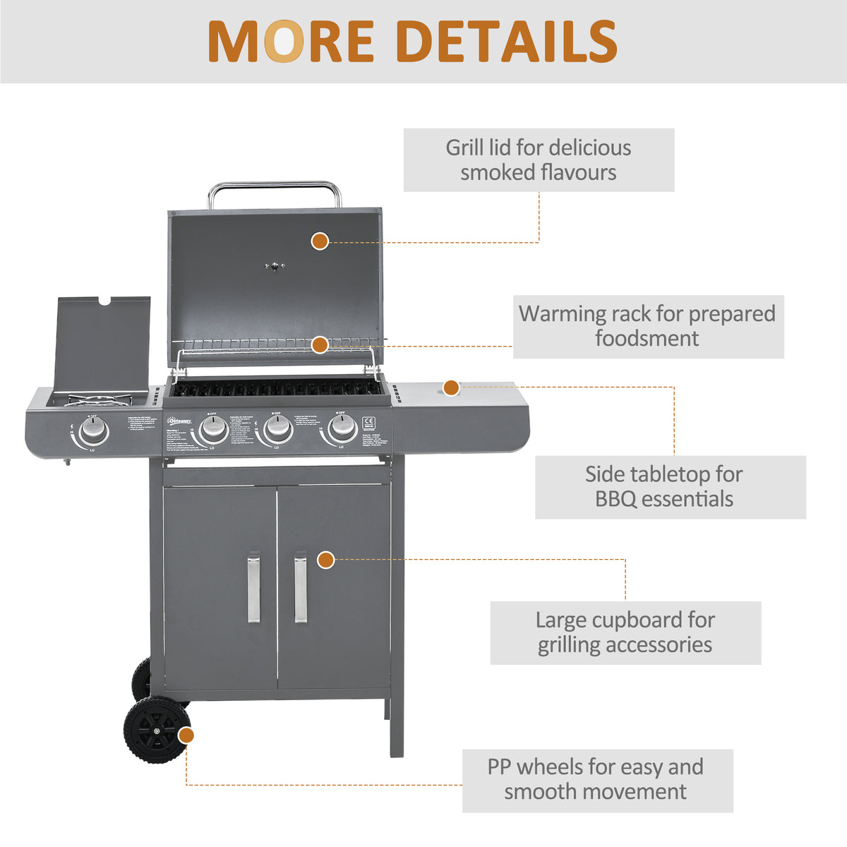 Outsunny 3+1 Burner Gas BBQ Grill with Side Burner & Warming Rack – Patio Barbecue with Cabinet, Grey