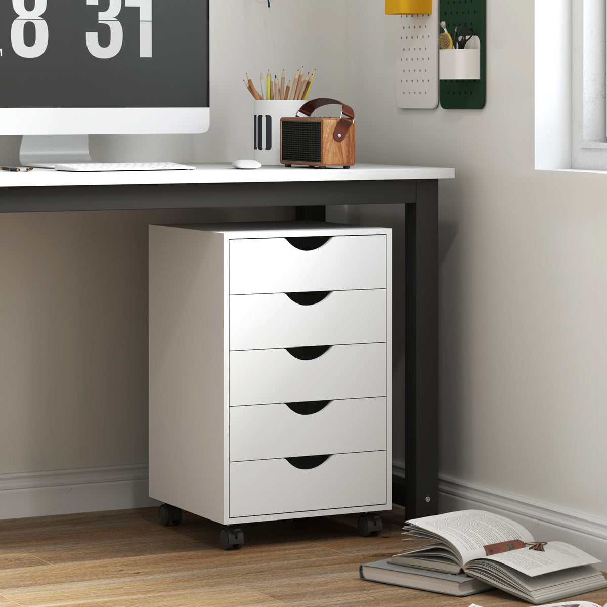 HOMCOM Mobile Vertical Filing Cabinet with 5 Drawers and Wheels – Home Office Storage, White
