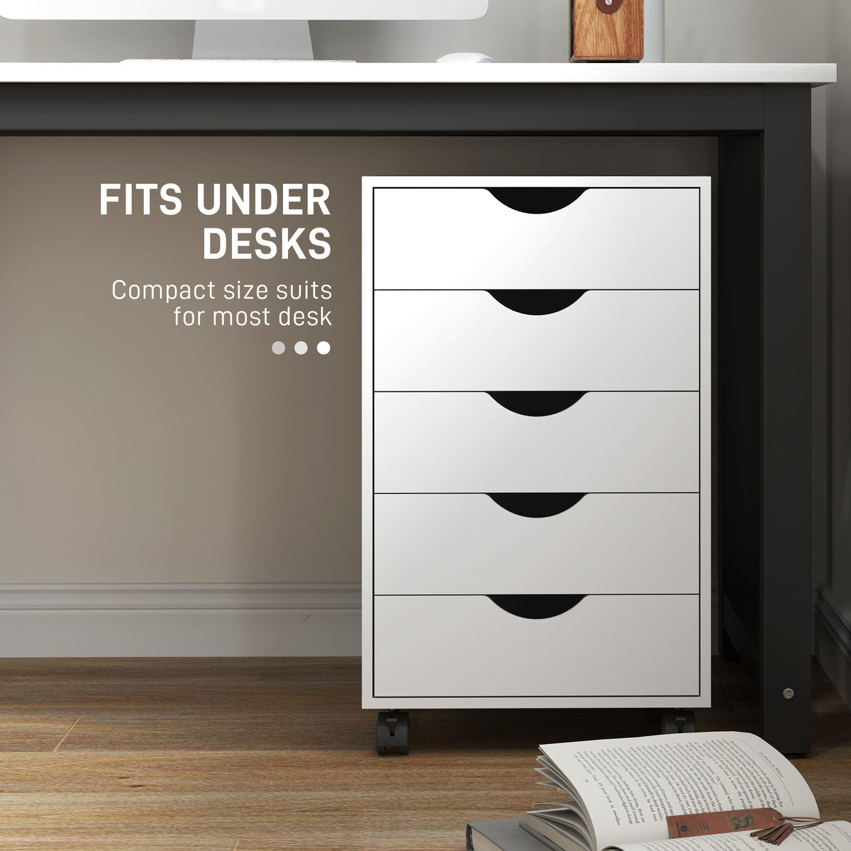 HOMCOM Mobile Vertical Filing Cabinet with 5 Drawers and Wheels – Home Office Storage, White