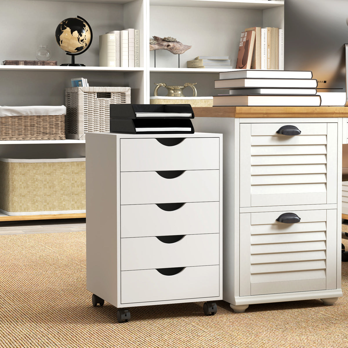 HOMCOM Mobile Vertical Filing Cabinet with 5 Drawers and Wheels – Home Office Storage, White