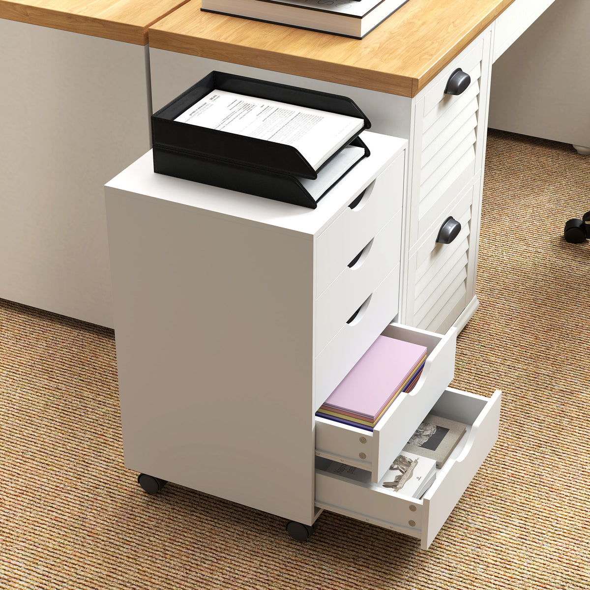 HOMCOM Mobile Vertical Filing Cabinet with 5 Drawers and Wheels – Home Office Storage, White