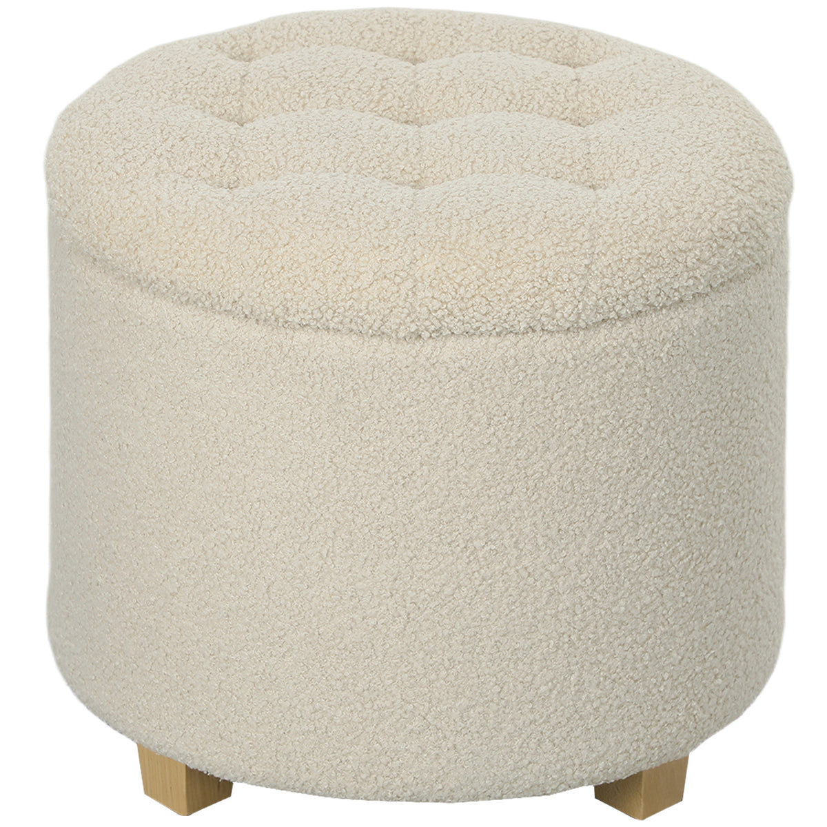 HOMCOM 45cm Round Storage Ottoman with Lid – Teddy Fleece Footstool and Padded Seat, Cream White