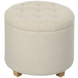 HOMCOM 45cm Round Storage Ottoman with Lid – Teddy Fleece Footstool and Padded Seat, Cream White