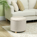 HOMCOM 45cm Round Storage Ottoman with Lid – Teddy Fleece Footstool and Padded Seat, Cream White