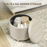 HOMCOM 45cm Round Storage Ottoman with Lid – Teddy Fleece Footstool and Padded Seat, Cream White
