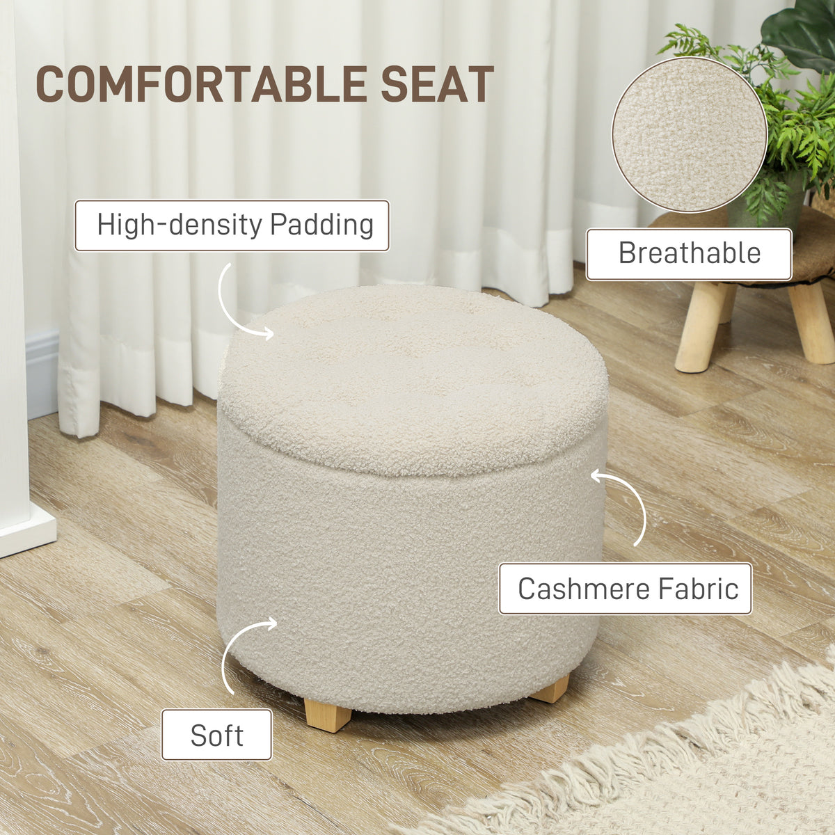 HOMCOM 45cm Round Storage Ottoman with Lid – Teddy Fleece Footstool and Padded Seat, Cream White