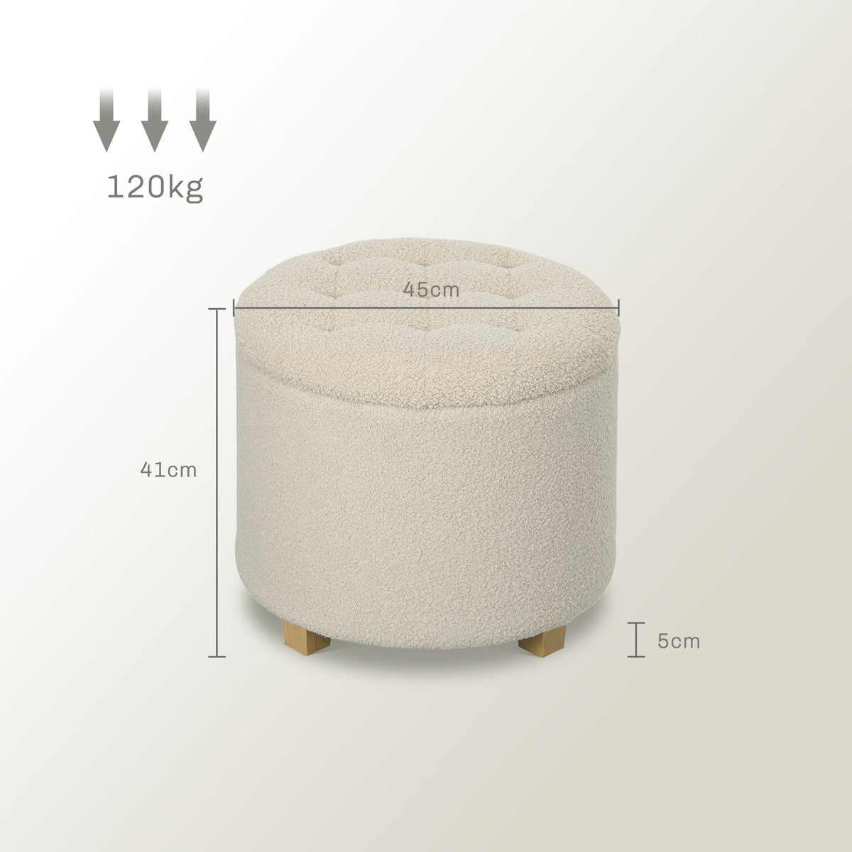 HOMCOM 45cm Round Storage Ottoman with Lid – Teddy Fleece Footstool and Padded Seat, Cream White