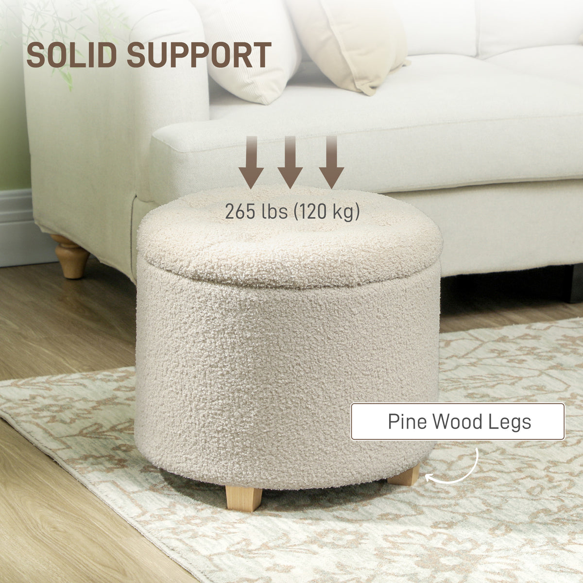 HOMCOM 45cm Round Storage Ottoman with Lid – Teddy Fleece Footstool and Padded Seat, Cream White