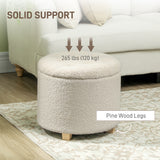 HOMCOM 45cm Round Storage Ottoman with Lid – Teddy Fleece Footstool and Padded Seat, Cream White