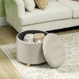 HOMCOM 45cm Round Storage Ottoman with Lid – Teddy Fleece Footstool and Padded Seat, Cream White