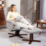 HOMCOM Swivel Recliner Chair with Footstool & Wooden Base – Scandi Linen-Look Armchair, Light Grey
