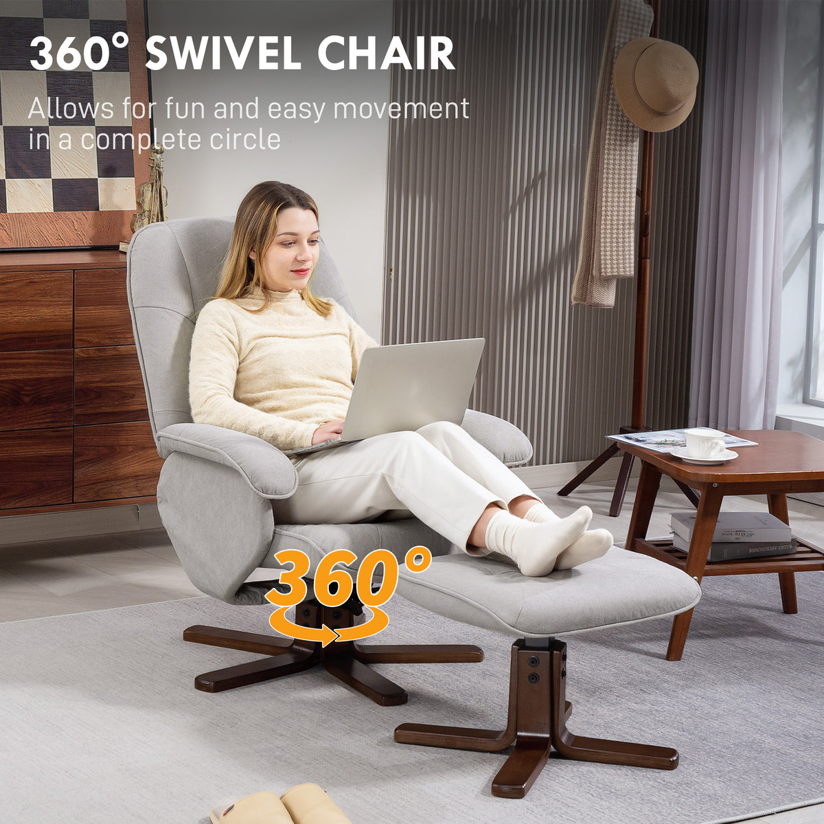 HOMCOM Swivel Recliner Chair with Footstool & Wooden Base – Scandi Linen-Look Armchair, Light Grey