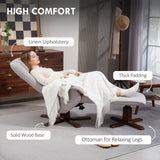 HOMCOM Swivel Recliner Chair with Footstool & Wooden Base – Scandi Linen-Look Armchair, Light Grey