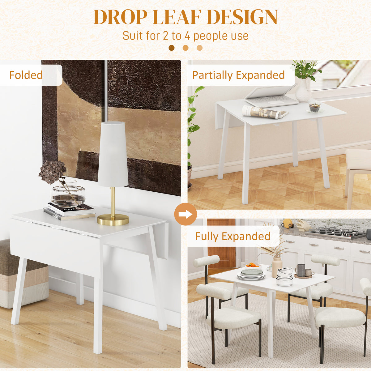 HOMCOM Extendable Drop Leaf Kitchen Table for 2–4 with Pine Wood Frame – Space-Saving Dining Table, White
