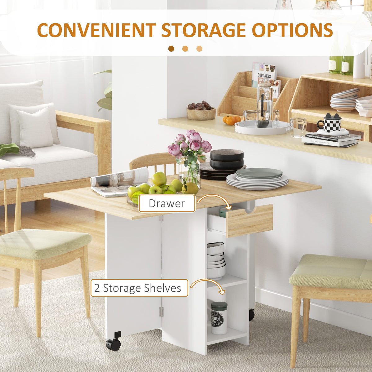 HOMCOM Foldable Drop Leaf Dining Table with Storage – Space-Saving Kitchen Table for 4, Oak