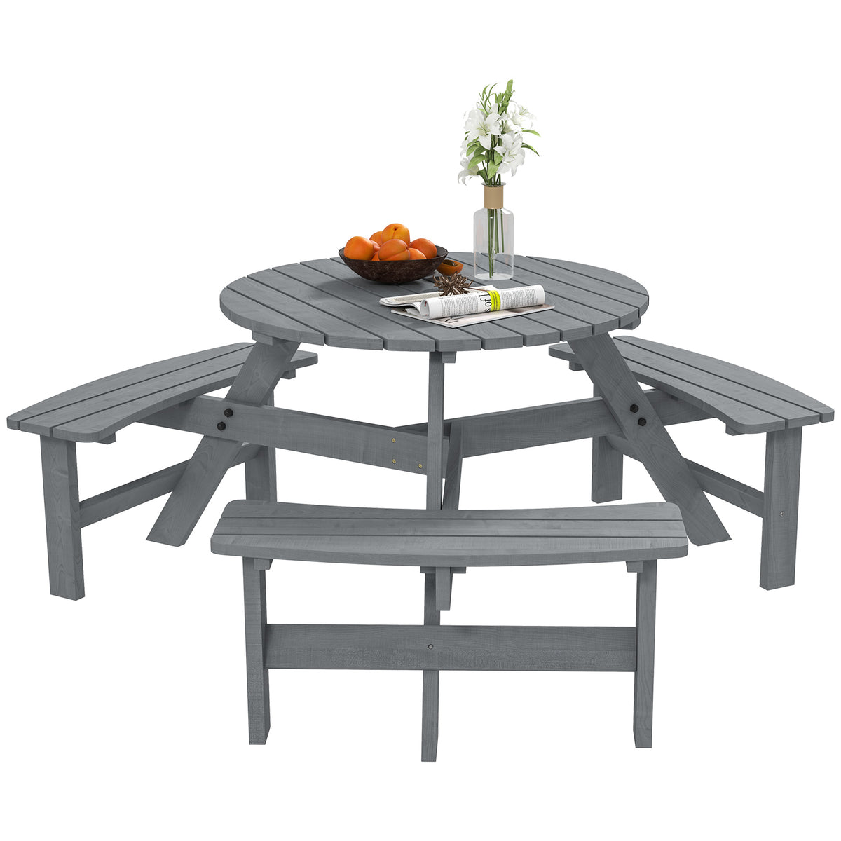 Outsunny 6-Person Fir Wood Patio Table & Bench Set with Parasol Hole – Garden Dining, Grey