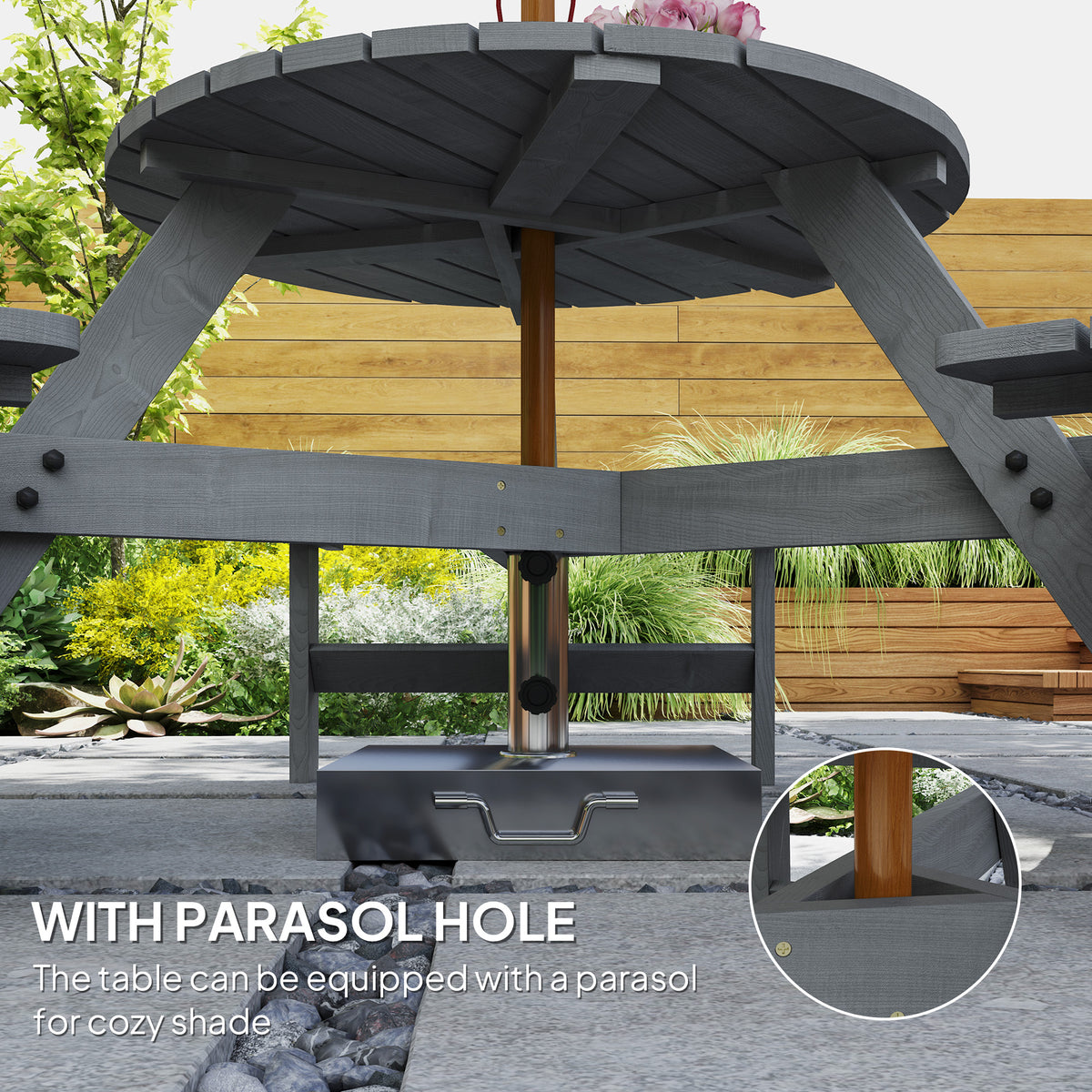 Outsunny 6-Person Fir Wood Patio Table & Bench Set with Parasol Hole – Garden Dining, Grey