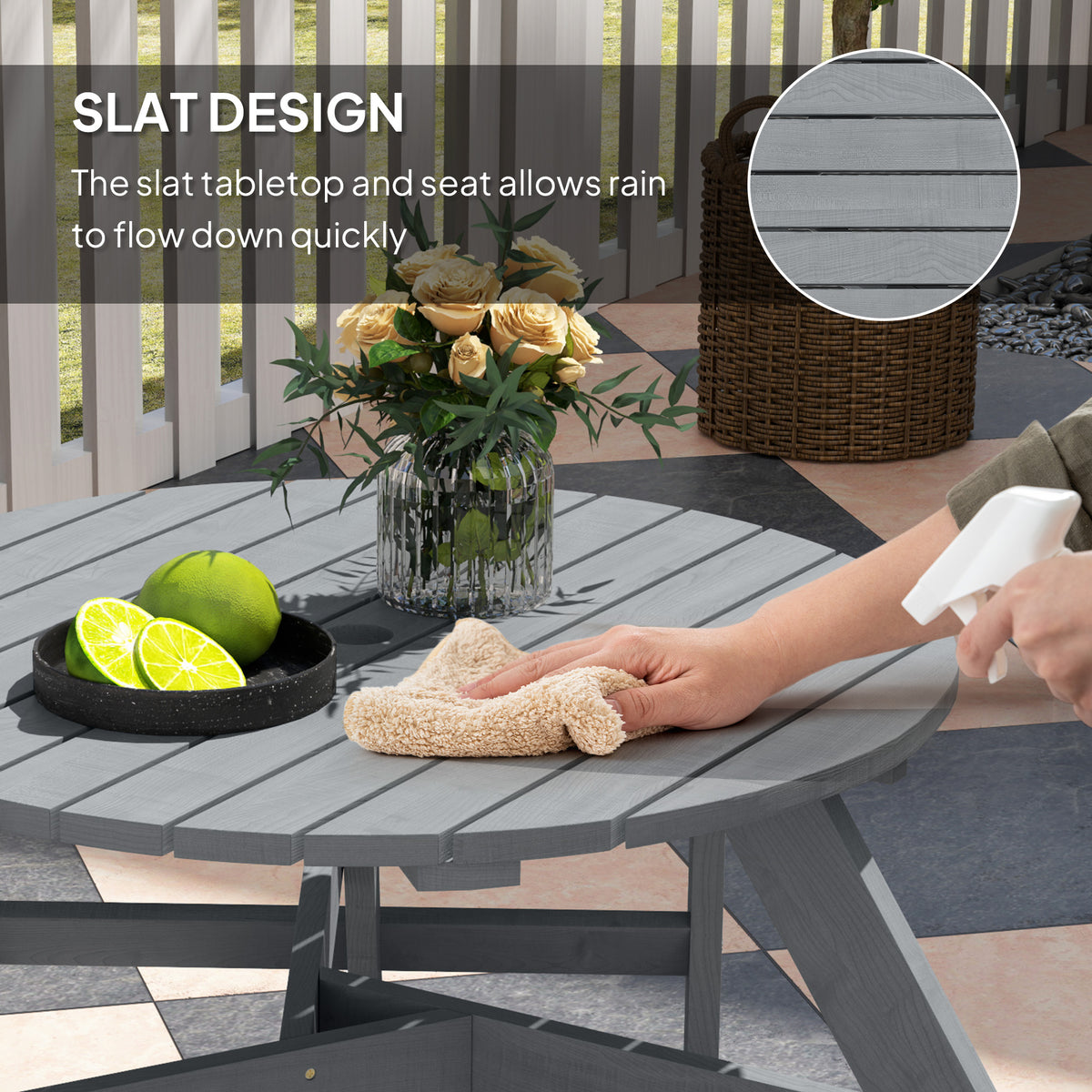 Outsunny 6-Person Fir Wood Patio Table & Bench Set with Parasol Hole – Garden Dining, Grey
