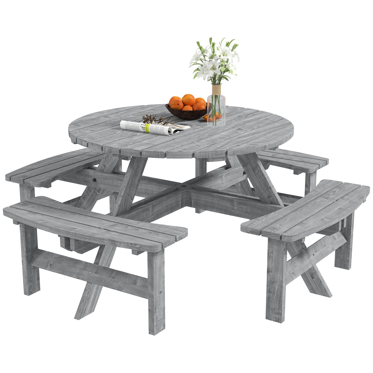 Outsunny 8-Seat Wooden Picnic Table with Benches & Parasol Hole – Fir Wood Garden Dining Set, Grey