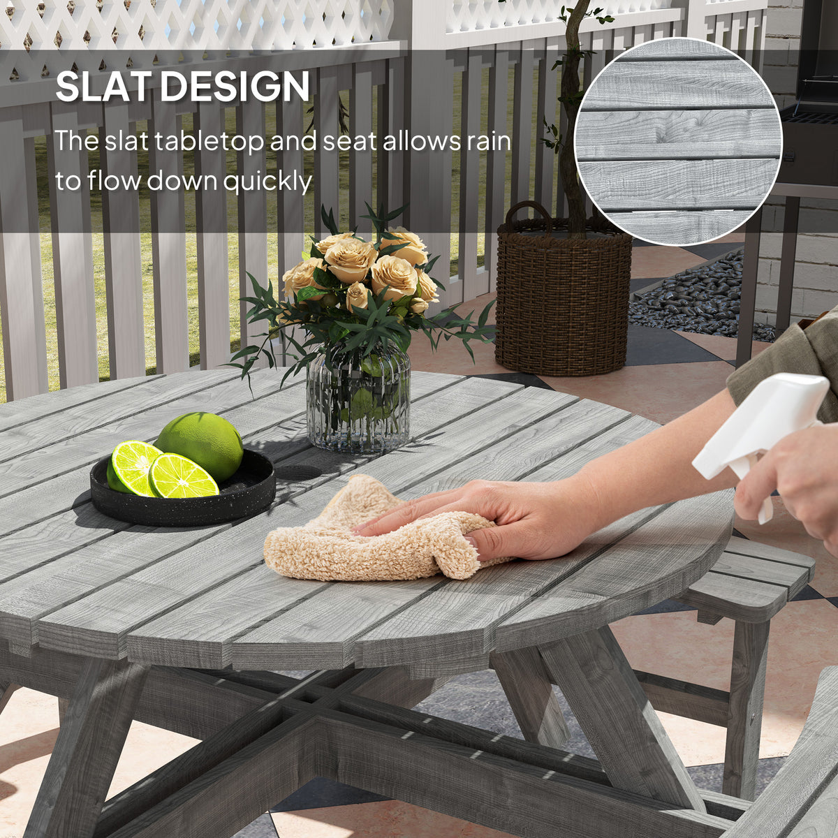 Outsunny 8-Seat Wooden Picnic Table with Benches & Parasol Hole – Fir Wood Garden Dining Set, Grey