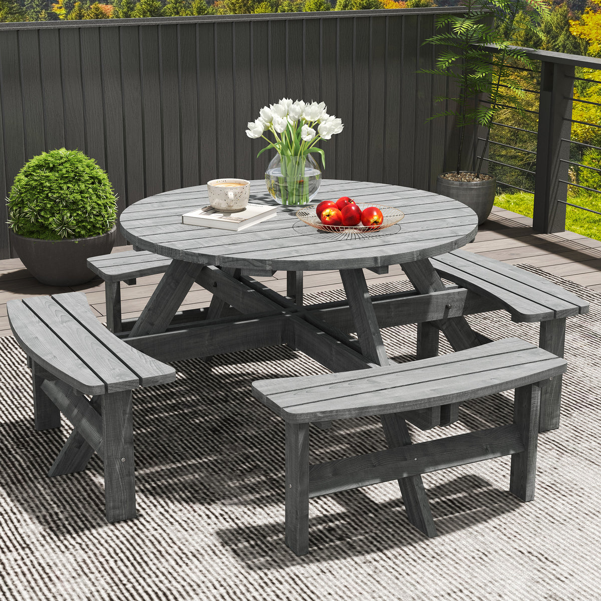 Outsunny 8-Seat Wooden Picnic Table with Benches & Parasol Hole – Fir Wood Garden Dining Set, Grey