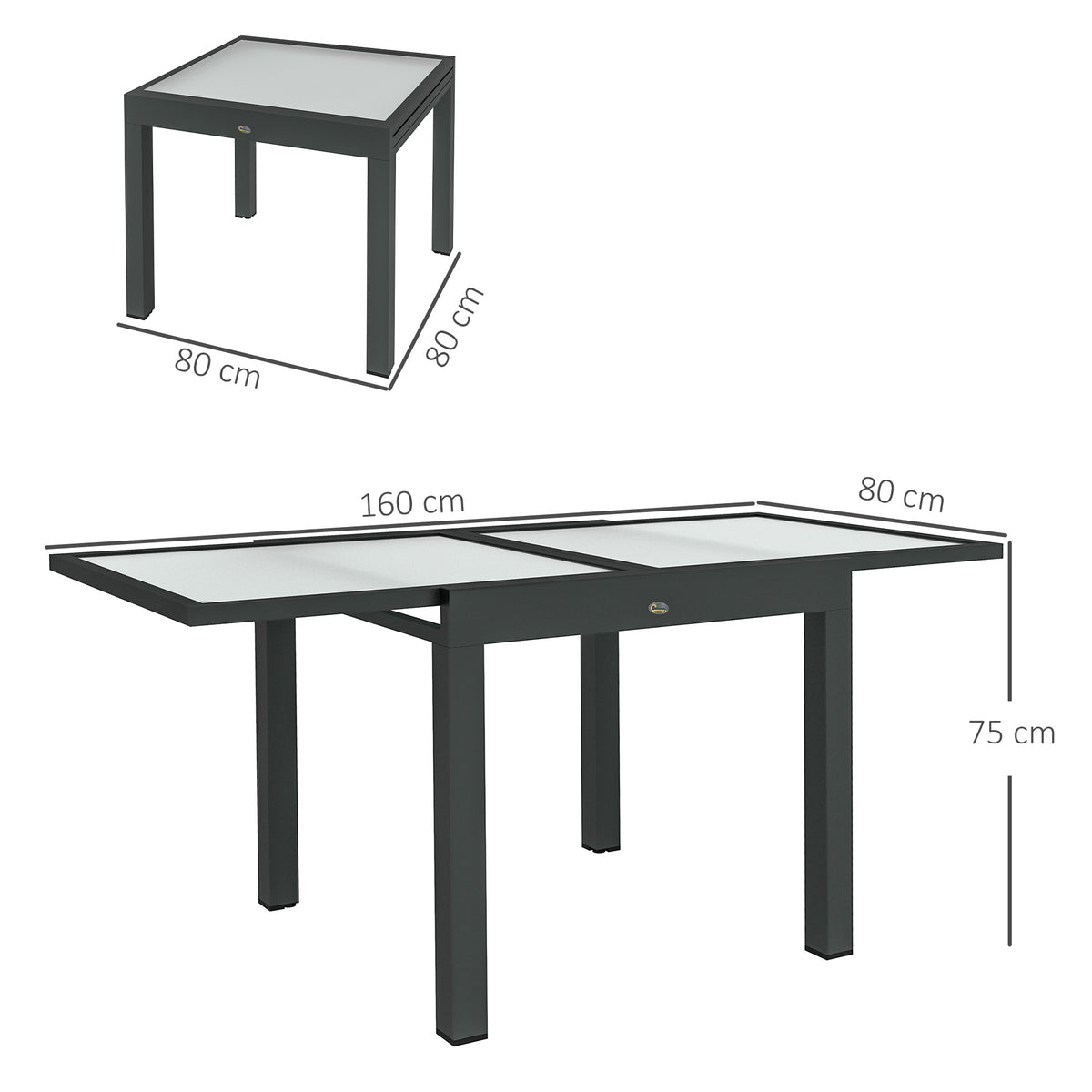 Outsunny Extendable Outdoor Dining Table with Tempered Glass Top, 80–160cm – Aluminium Patio Table, Black/Clear