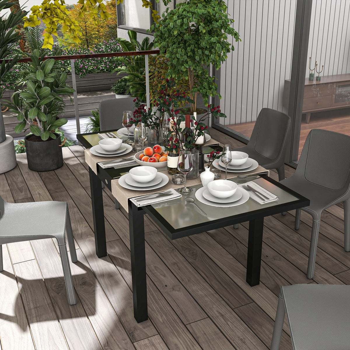 Outsunny Extendable Outdoor Dining Table with Tempered Glass Top, 80–160cm – Aluminium Patio Table, Black/Clear