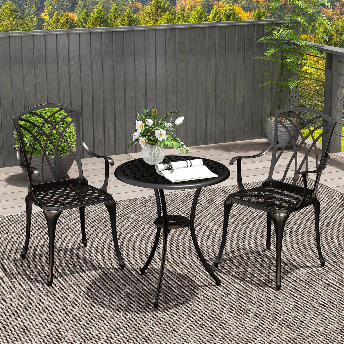Outsunny 3-Piece Cast Aluminium Bistro Set with Parasol Hole, 2 Chairs & Round Table – Bronze