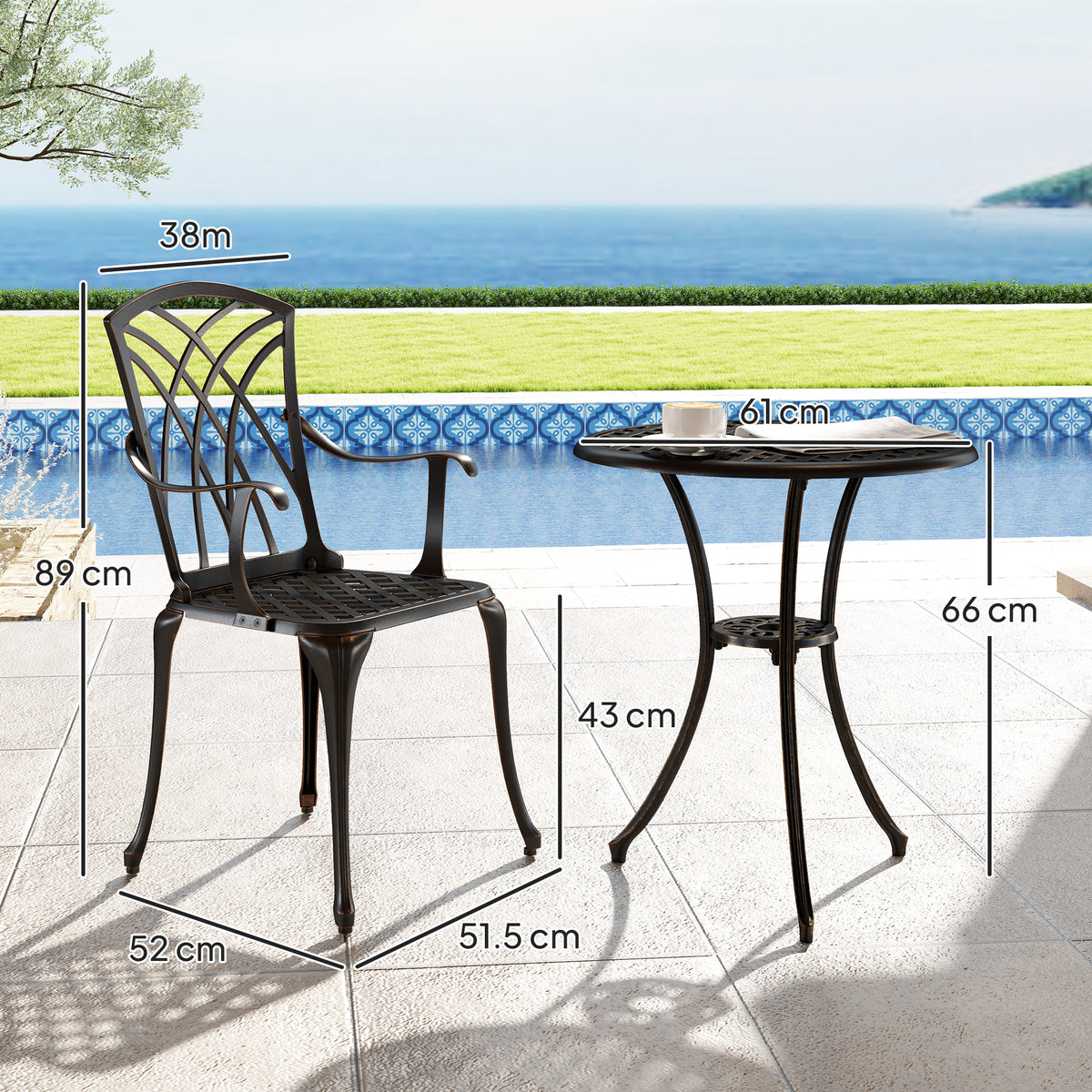 Outsunny 3-Piece Cast Aluminium Bistro Set with Parasol Hole, 2 Chairs & Round Table – Bronze