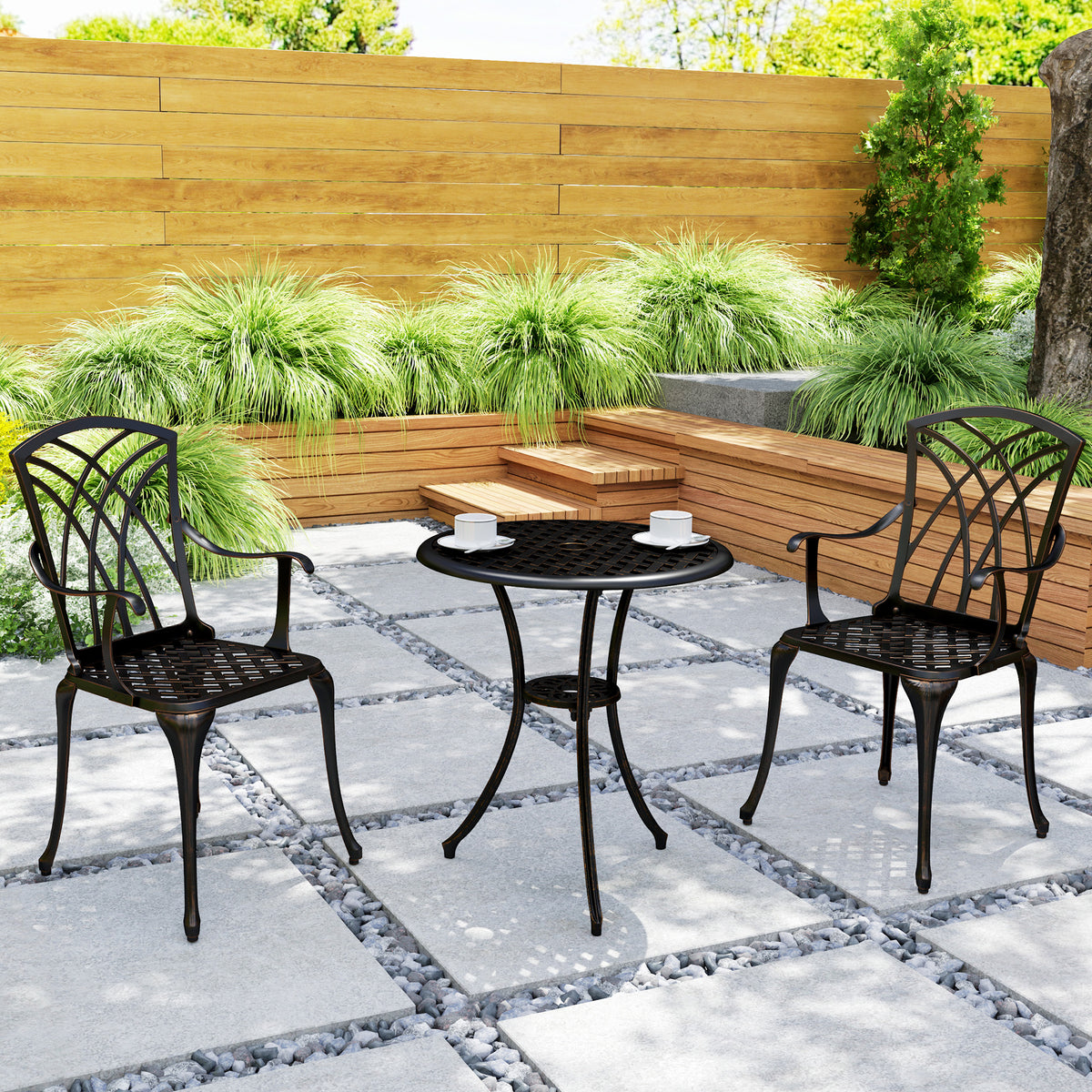 Outsunny 3-Piece Cast Aluminium Bistro Set with Parasol Hole, 2 Chairs & Round Table – Bronze