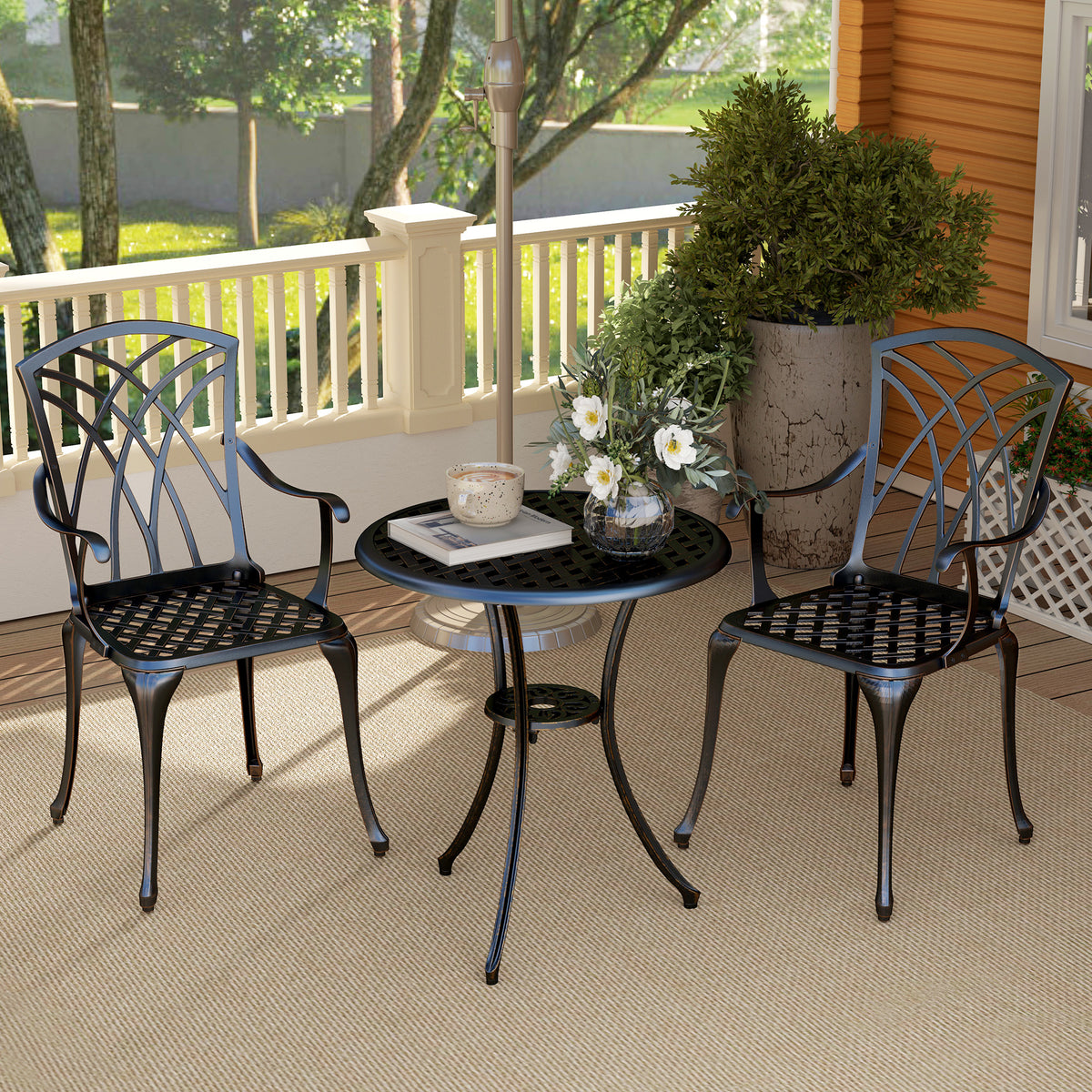 Outsunny 3-Piece Cast Aluminium Bistro Set with Parasol Hole, 2 Chairs & Round Table – Bronze