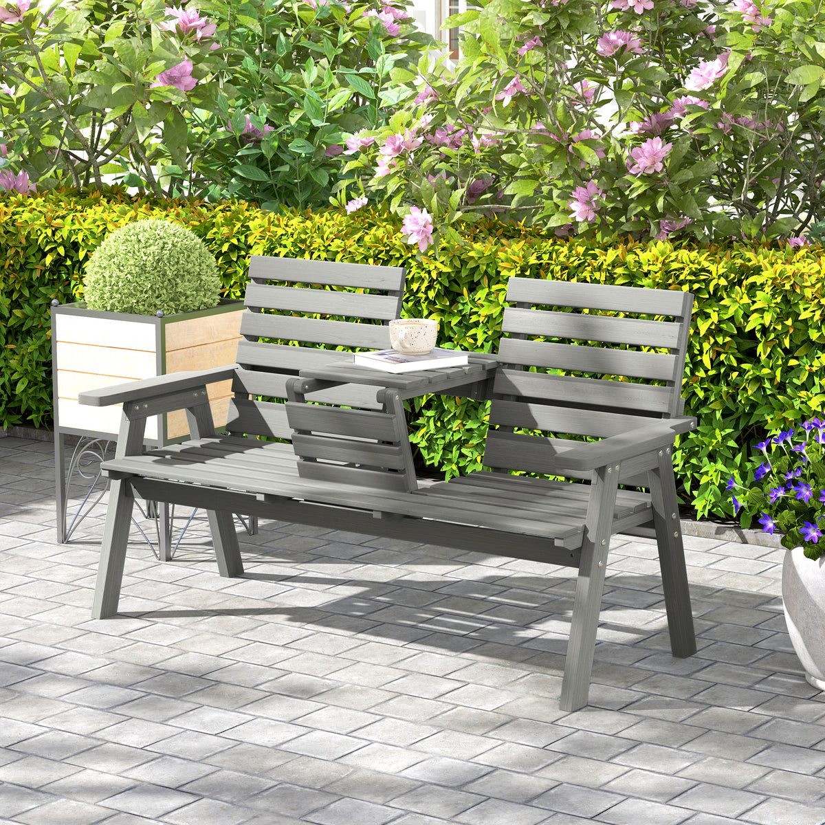 Outsunny Convertible 3-Seater Wooden Garden Bench with Fold-Down Table and Armrests – Fir Wood Outdoor Seating, Grey