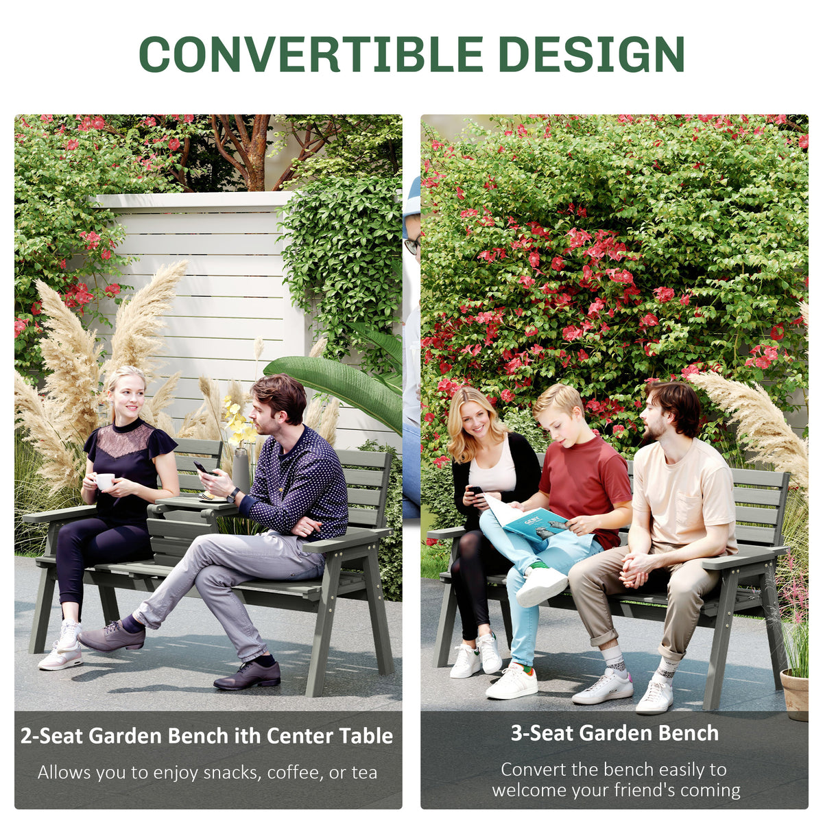 Outsunny Convertible 3-Seater Wooden Garden Bench with Fold-Down Table and Armrests – Fir Wood Outdoor Seating, Grey
