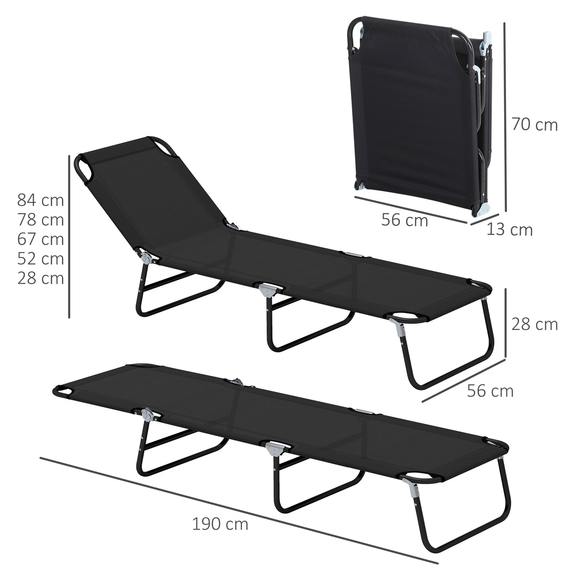 Outsunny 2-Pack Reclining Chaise Lounges with 5-Level Backrest & Steel Frame – Portable Sun Loungers, Black