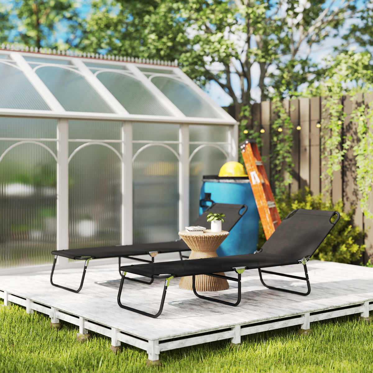Outsunny 2-Pack Reclining Chaise Lounges with 5-Level Backrest & Steel Frame – Portable Sun Loungers, Black