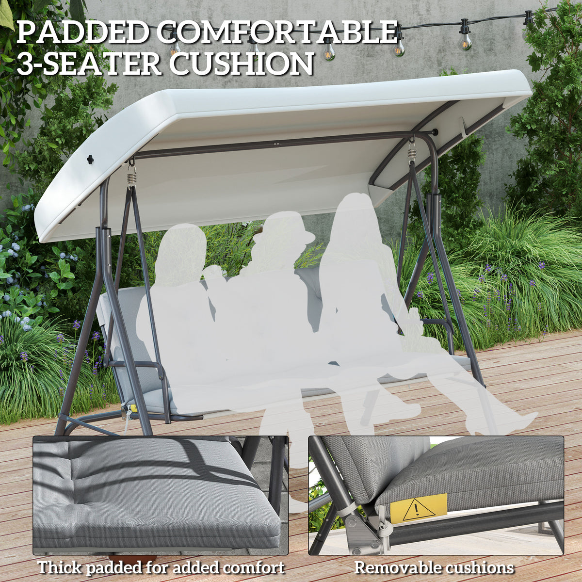 Outsunny 3-Person Porch Swing Bench with Adjustable Canopy, Steel Frame & Removable Cushion – Light Grey