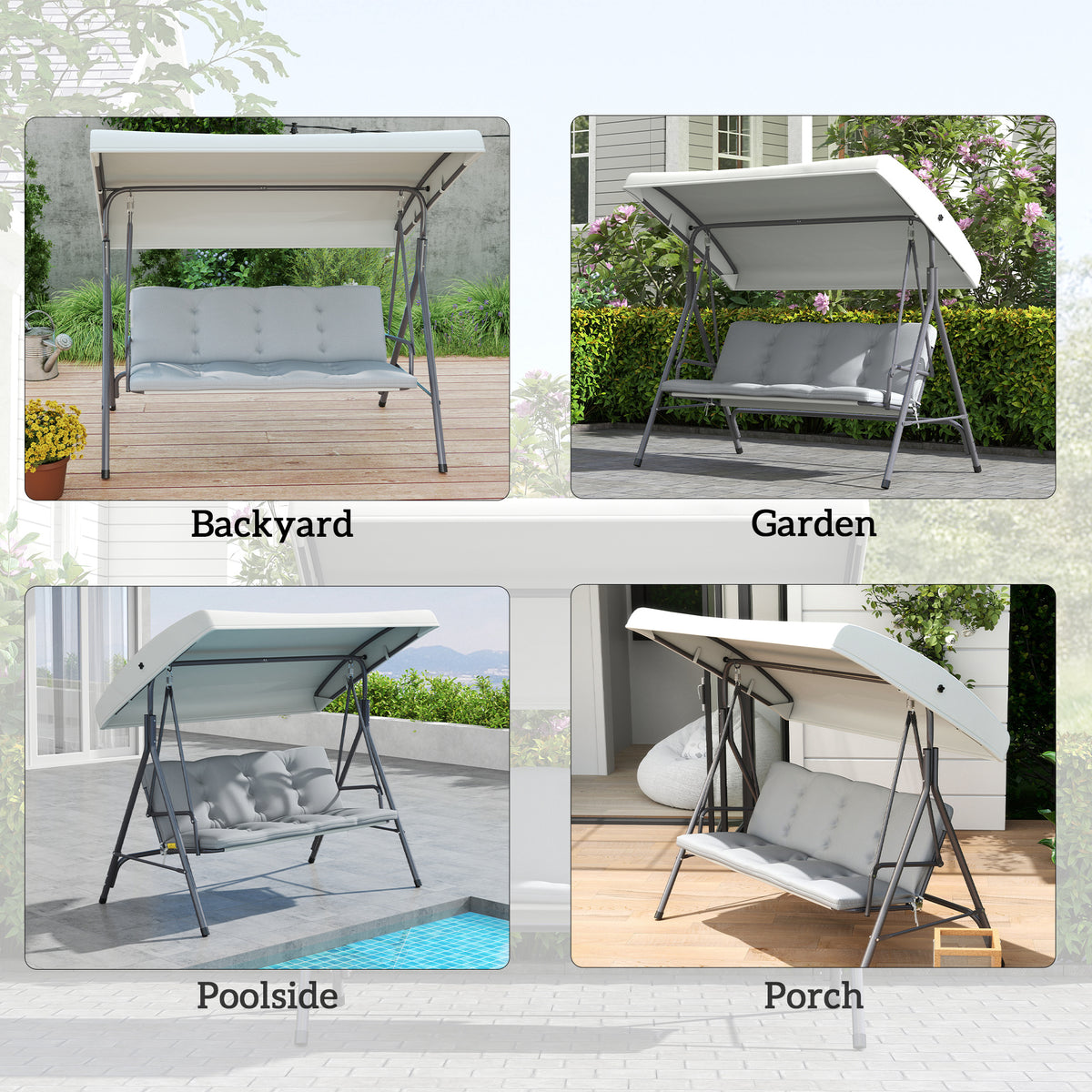 Outsunny 3-Person Porch Swing Bench with Adjustable Canopy, Steel Frame & Removable Cushion – Light Grey